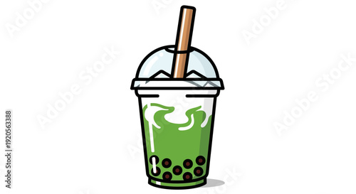 Green Bubble Tea Drink with Tapioca Pearls in Plastic Cup, Trendy Refreshing Beverage, Isolated White Background