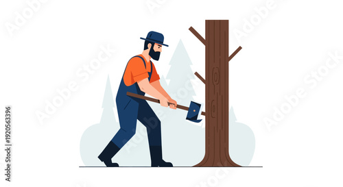 Strong Lumberjack Man Chopping Tree with Axe in a Forest, Traditional Woodcutting Activity