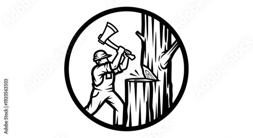 Man Chopping Wood with Axe, Lumberjack Labor in Forest Icon on Isolated White Background