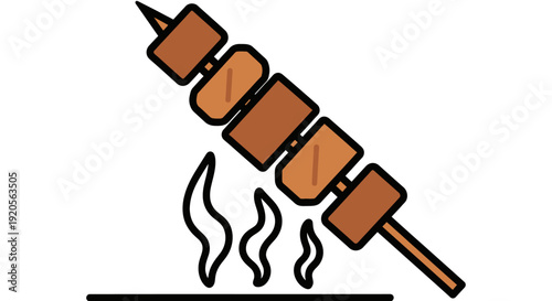 Delicious Food Skewers Grilling Over Open Fire, Barbecue Cooking Illustration on Isolated White Background