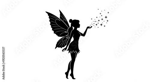 Enchanting Fairy Silhouette Standing, Releasing Sparkling Stars, Whimsical Fantasy Art on Isolated White Background
