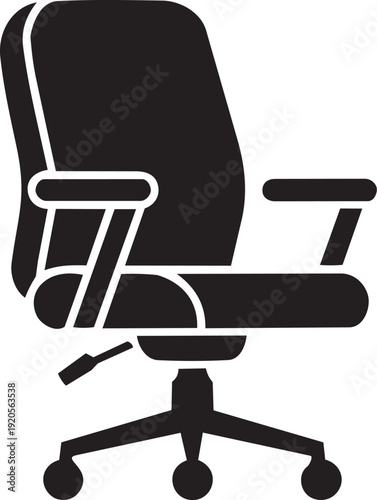 Black silhouette of an office chair with wheels and armrests, isolated on white background