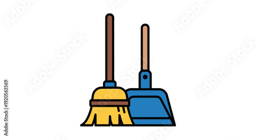 Colorful broom and dustpan set for household cleaning, in bright studio