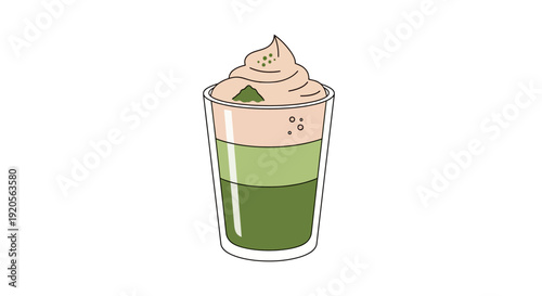 Refreshing green layered drink with whipped cream and bubbles in a glass, isolated white background.