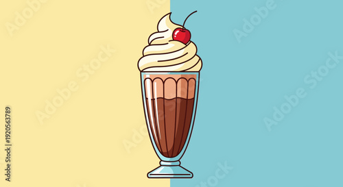 Colorful illustration of ice cream cone and ice cream in a glass topped with chocolate and fruit in a sweet dessert style