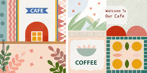 Stylized cafe illustration with geometric shapes plants and welcoming text