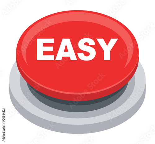 Red Easy Button Icon | 3D Isometric Simple Solution Concept for Business Success and User Friendly Interface Design | Shiny Web Element Call to Action Graphic Isolated on White Background