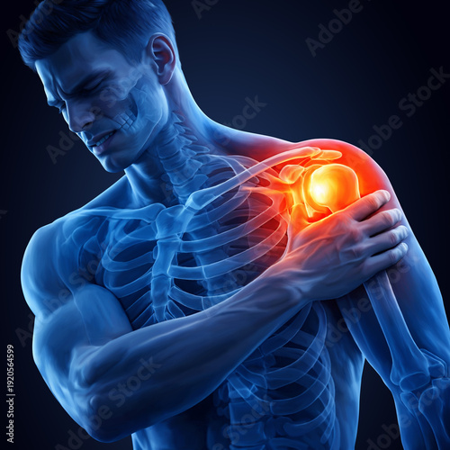 Muscular pain in a glowing shoulder Medical illustration 