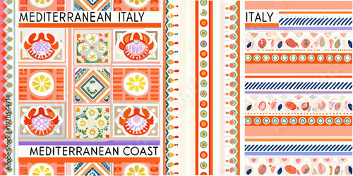 Colorful mediterranean coast pattern featuring crabs flowers and geometric shapes