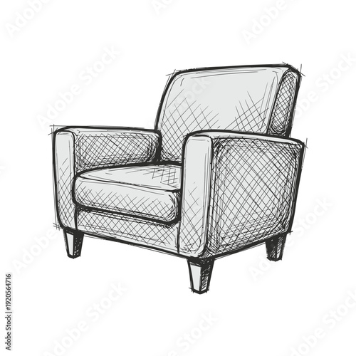 Hand sketched armchair in black ink doodle style with cross hatch shading, classic tufted design, wooden legs.