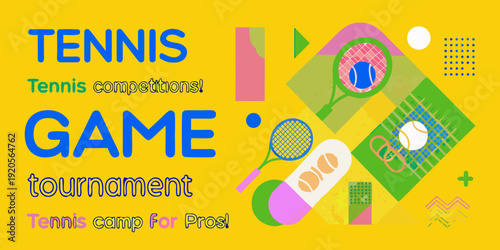 Colorful graphic design promoting a tennis competition and camp for pros