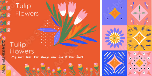 Colorful floral design featuring tulips and geometric patterns