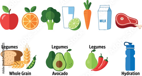 Healthy food guide flat design vector illustration featuring legumes, whole grains, fruits, and vegetables