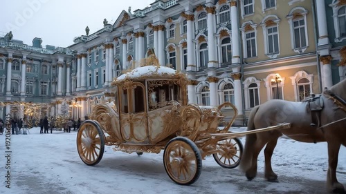 Golden carriage and horse against a historical building facade in winter