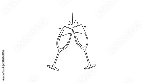 Champagne flutes clinking toast minimalist celebratory line art vector illustration