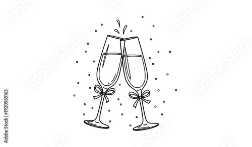 Celebratory champagne flutes with ribbon and confetti minimalist sketch vector illustration