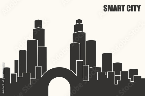 Smart City skyline silhouette with modern buildings and arch bridge, illustrating urban development, technology, and future concepts.