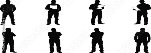 Set of professional men silhouettes standing in various poses and holding documents isolated on white background for business management and corporate office concept,