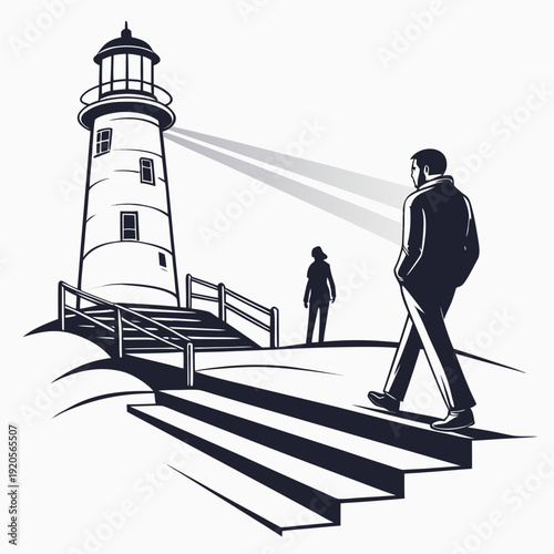 Black and white of man walking towards lighthouse stairs