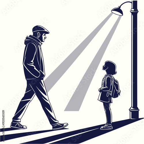 Man walking past child under streetlight sidewalk