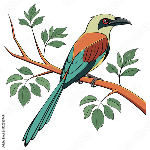 Colorful bird perched on branch with green leaves