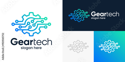 Modern digital flow logo design template illustration. Abstract gear with data flow technology connections design graphic vector. Symbol, icon, creative.