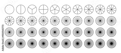 Sectors divide the circle on equal parts. Parts of diagram wheel from 1 to 40. Pie chart. Coaching blank. Segmented charts. Outline black graphics. Pie charts, pizza charts set. Segments infographic.