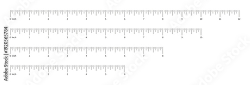 Ruler scale, measuring chart with 6,8,10 and 12 inches. Length measurement distance, height, math. Template of six, eight, ten and twelve inches sewing tool.