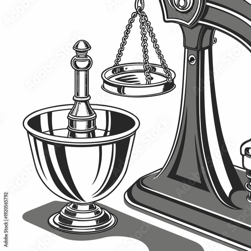 Gray scale of mortar and pestle with balance scale