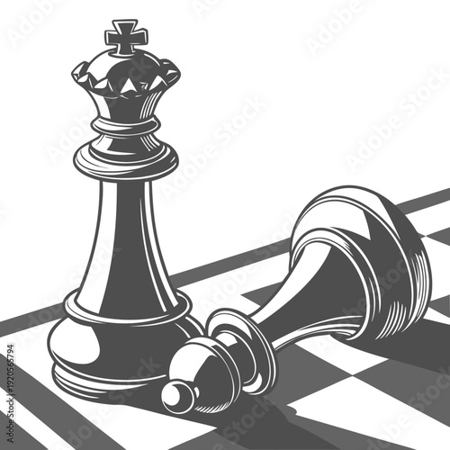 Standing chess king and fallen king on chessboard chess piece