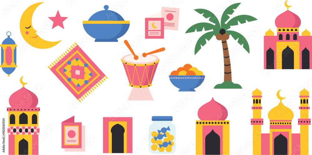 Fototapeta premium Bright Ramadan and Eid Celebration Icons with Mosque Lantern Crescent Moon and Traditional Food Vector Set