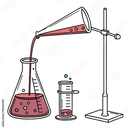Laboratory equipment pouring red liquid from beaker to test tube