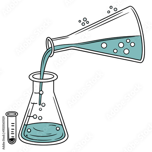 Pouring teal liquid from funnel into conical flask