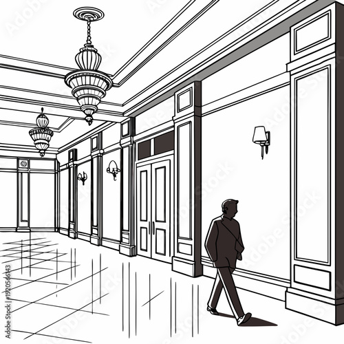 Monochrome of man walking down empty hallway with ornate details