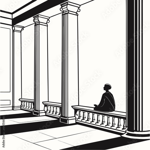 Black and white of a person meditating on a balcony with columns