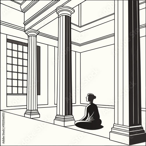 Black and white of a woman meditating in a columned room