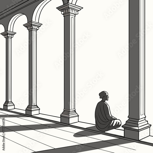 Serene figure sitting between ancient columns in a peaceful architectural setting