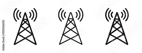 Communication Tower Icon Set. Wireless Network, Cell Signal, and Broadcast Technology Symbol.