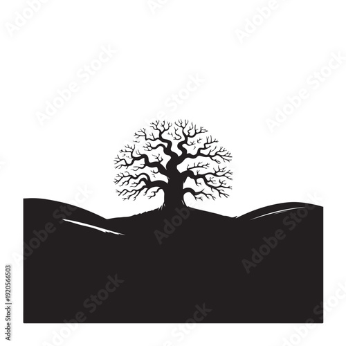 Black silhouette of a tree on a hill with white branches