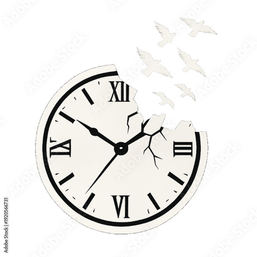 Time Escaping Clock Face with Birds Flying Away