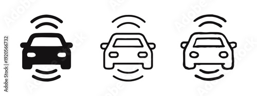 Autonomous self-driving car icon set with sensor waves. Smart vehicle technology symbol in solid, outline, and hand-drawn styles.