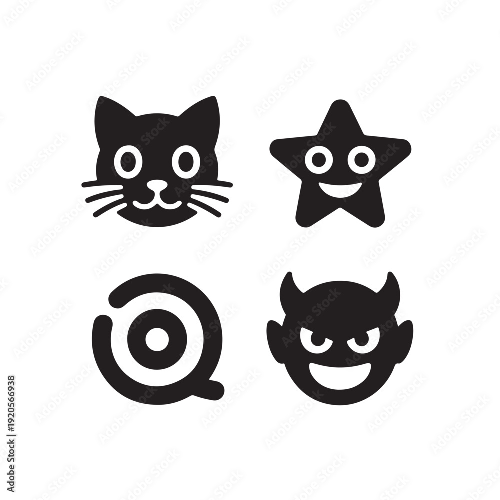 Obraz premium Four black flat emoji characters cat star target devil