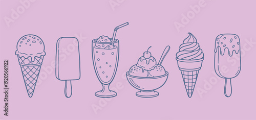 Collection of hand drawn ice cream and popsicle illustrations in black and white outline sweet frozen desserts in hand drawn cartoon style