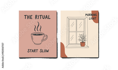 Minimalist morning routine posters featuring coffee and plants, perfect for home decor and inspirational quotes