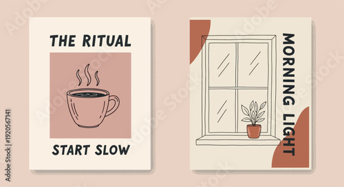 Minimalist morning routine posters featuring coffee and plants, perfect for home decor and inspirational quotes