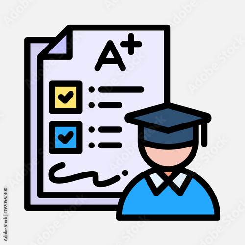 Student with graduation cap next to a test paper showing an A+ grade and checked boxes, symbolizing academic success.