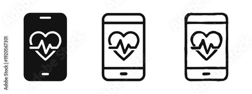 Mobile Health and Telemedicine Icon Set: Smartphone with Heartbeat and ECG Symbols in Flat, Line Art, and Hand-Drawn Styles