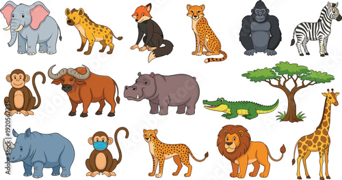 African Safari Wild Animals Collection with Lion Elephant Giraffe Zebra and Jungle Creatures Vector Illustration Set