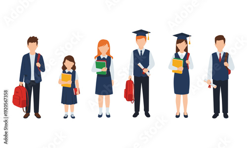 Student Characters Evolution with Backpacks, Books, and Diplomas