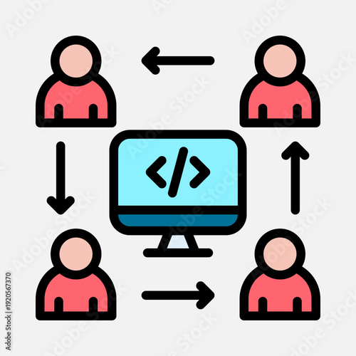 Illustration of a team of people collaborating on a software development project with a central computer.